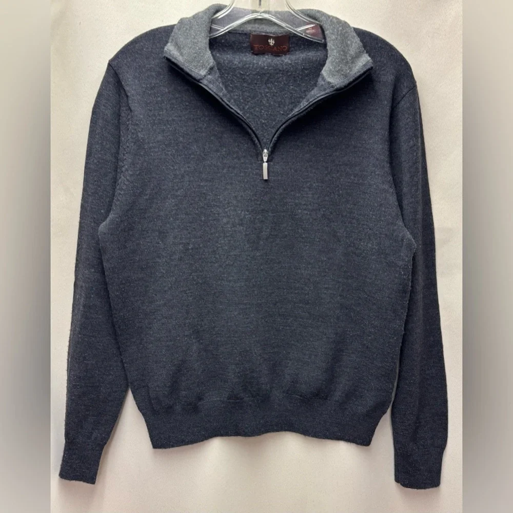 Toscano Gray Marino 100 % Merino Wool Quarter Zip Sweater Size Medium